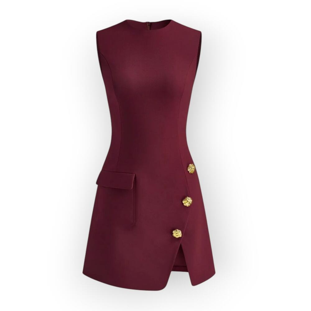 Commense Burgundy Golden Rose Button Pocket Split Dress – S